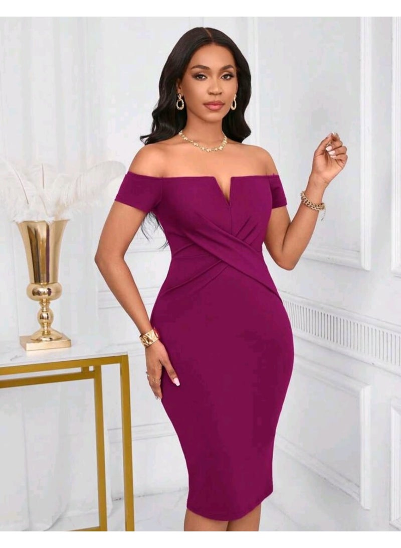 SHEIN Lunessa Women's Off-The-Shoulder V-Neck Fitted Bodycon Dress - Image 4